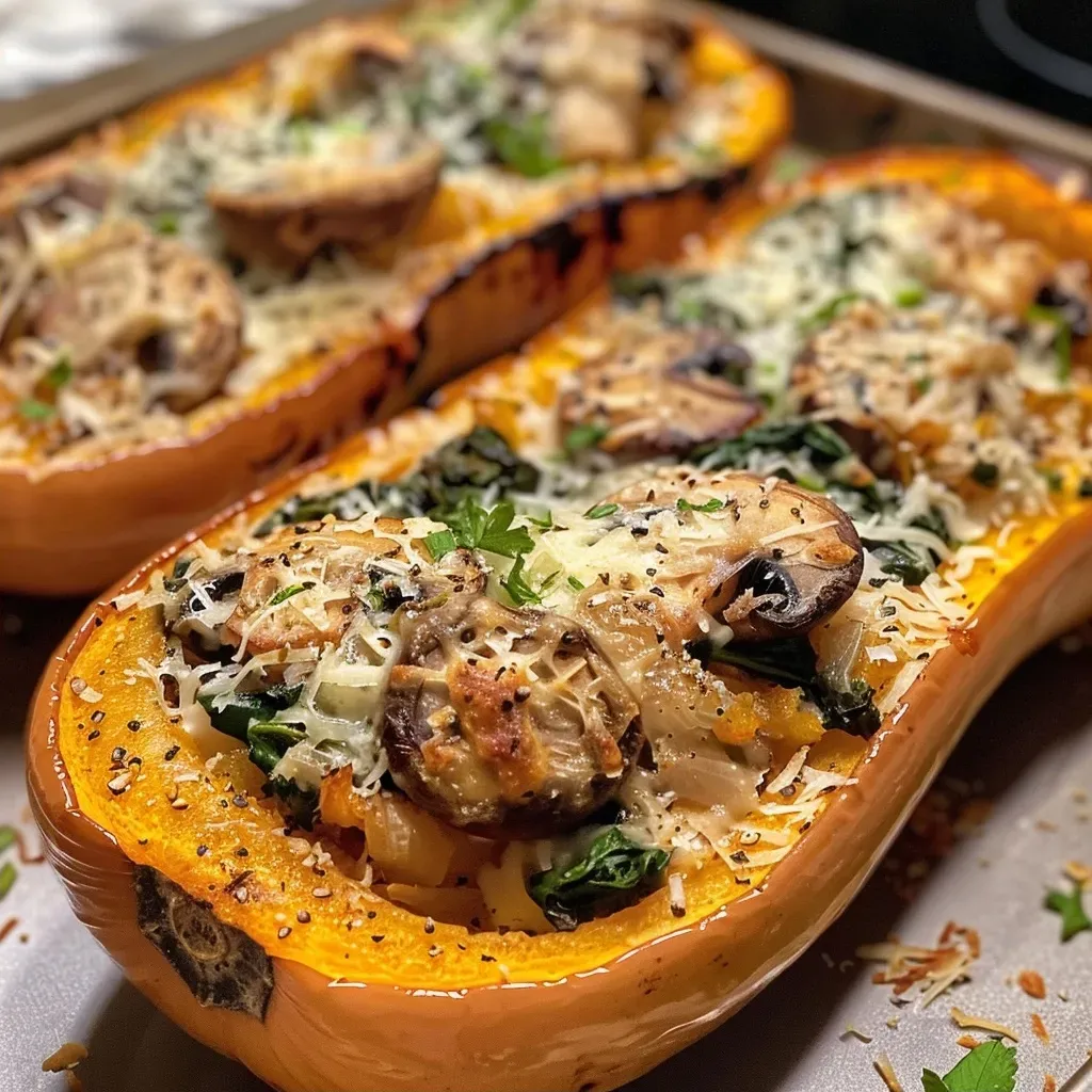 ['Close-up view of a juicy stuffed butternut squash with visible layers of mushrooms and spinach.', 'Side view of a baked butternut squash filled with creamy cheese and fresh herbs.', 'Richly colored butternut squash stuffed with spinach, mushrooms, and topped with melted cheese.', 'Juicy butternut squash showcasing a delicious filling of parmesan and fresh thyme.']