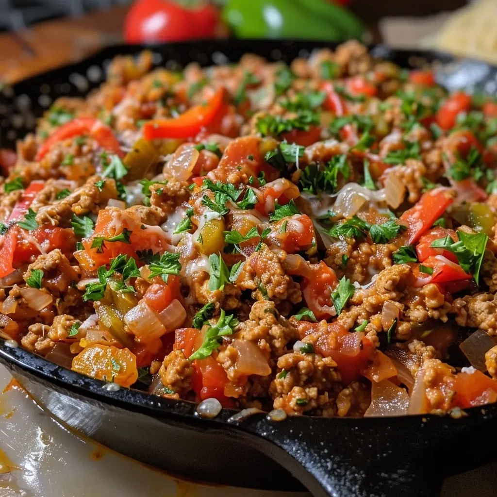 ['A close-up side view of a Stuffed Pepper Skillet with colorful bell peppers, ground chicken, and melted cheese.', 'A vibrant dish of stuffed peppers filled with savory ingredients, garnished with fresh parsley.', 'A skillet filled with diced bell peppers, ground chicken, and cauliflower rice, topped with cheese.', 'A delicious Stuffed Pepper Skillet, showcasing a blend of vegetables and melted cheese from a close-up angle.']