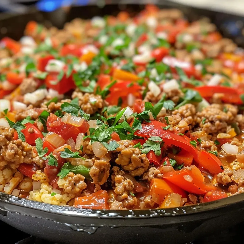 ['A close-up side view of a Stuffed Pepper Skillet with colorful bell peppers, ground chicken, and melted cheese.', 'A vibrant dish of stuffed peppers filled with savory ingredients, garnished with fresh parsley.', 'A skillet filled with diced bell peppers, ground chicken, and cauliflower rice, topped with cheese.', 'A delicious Stuffed Pepper Skillet, showcasing a blend of vegetables and melted cheese from a close-up angle.']