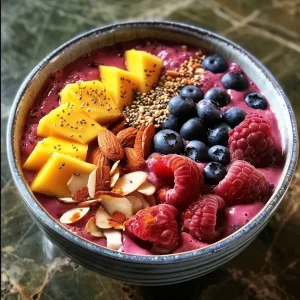 ['A vibrant summer smoothie bowl filled with raspberries, mango, and blueberries, topped with almond slices and coconut powder.', 'Close-up of a smoothie bowl featuring fresh fruits like mango and raspberries, garnished with almond slices and coconut.', 'A colorful smoothie bowl loaded with frozen raspberries, banana, and fresh blueberries, displayed attractively.', 'A refreshing bowl of summer smoothie adorned with slices of almonds and a sprinkle of coconut powder on top.']