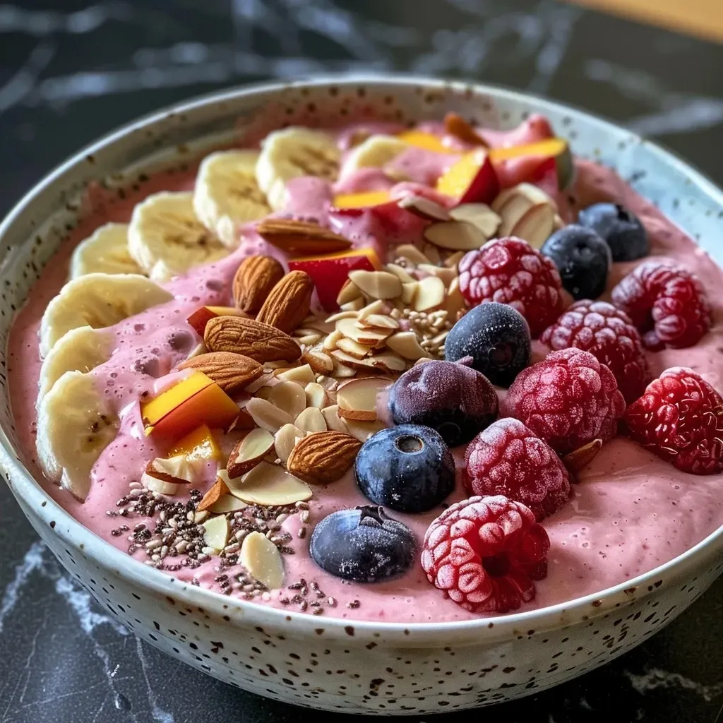 ['A vibrant summer smoothie bowl filled with raspberries, mango, and blueberries, topped with almond slices and coconut powder.', 'Close-up of a smoothie bowl featuring fresh fruits like mango and raspberries, garnished with almond slices and coconut.', 'A colorful smoothie bowl loaded with frozen raspberries, banana, and fresh blueberries, displayed attractively.', 'A refreshing bowl of summer smoothie adorned with slices of almonds and a sprinkle of coconut powder on top.']