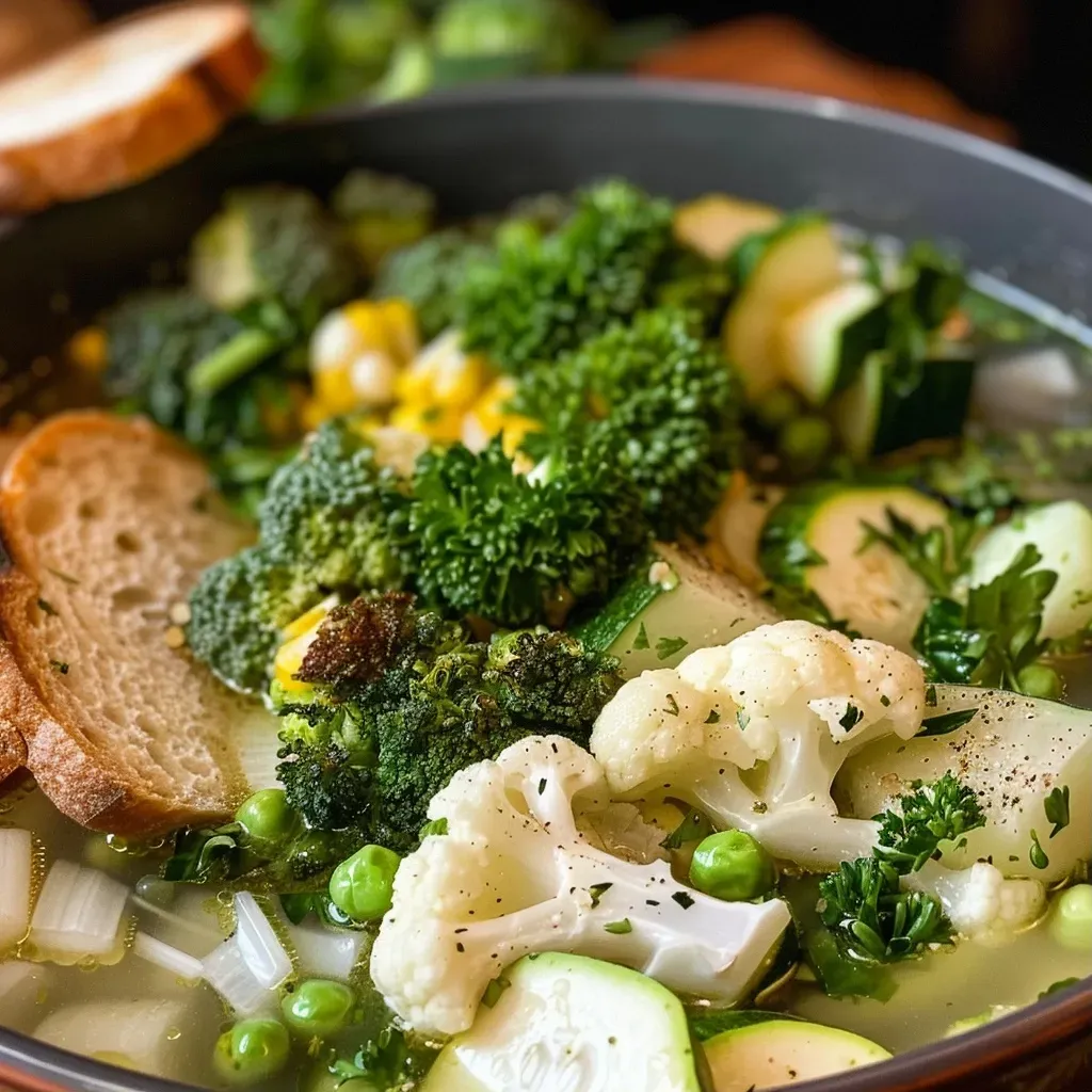 ['Close-up of Super Green Sheet Pan Soup with vibrant vegetables and herbs.', 'A side view of a bowl filled with colorful Super Green Sheet Pan Soup.', 'Detailed shot of soup featuring green vegetables and bread on the side.', 'Juicy Super Green Sheet Pan Soup displayed with fresh ingredients around.']