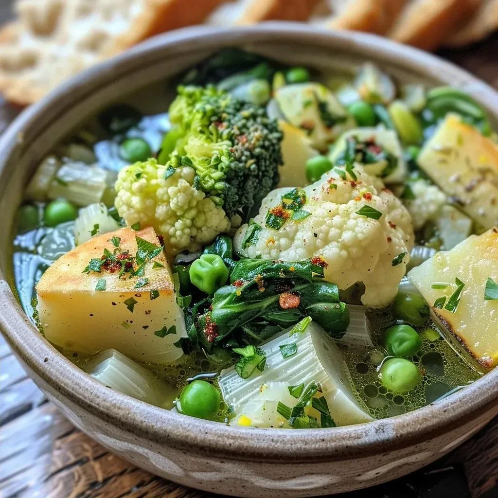 ['Close-up of Super Green Sheet Pan Soup with vibrant vegetables and herbs.', 'A side view of a bowl filled with colorful Super Green Sheet Pan Soup.', 'Detailed shot of soup featuring green vegetables and bread on the side.', 'Juicy Super Green Sheet Pan Soup displayed with fresh ingredients around.']