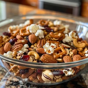 ['A close-up view of a colorful bowl filled with sweet and salty trail mix.', 'Side view of a delicious sweet and salty trail mix featuring nuts, chocolate, and pretzels.', 'A vibrant assortment of trail mix ingredients arranged in a bowl, showcasing nuts and dried fruit.', 'Close-up image of sweet and salty trail mix with pecans, cranberries, and dark chocolate.']