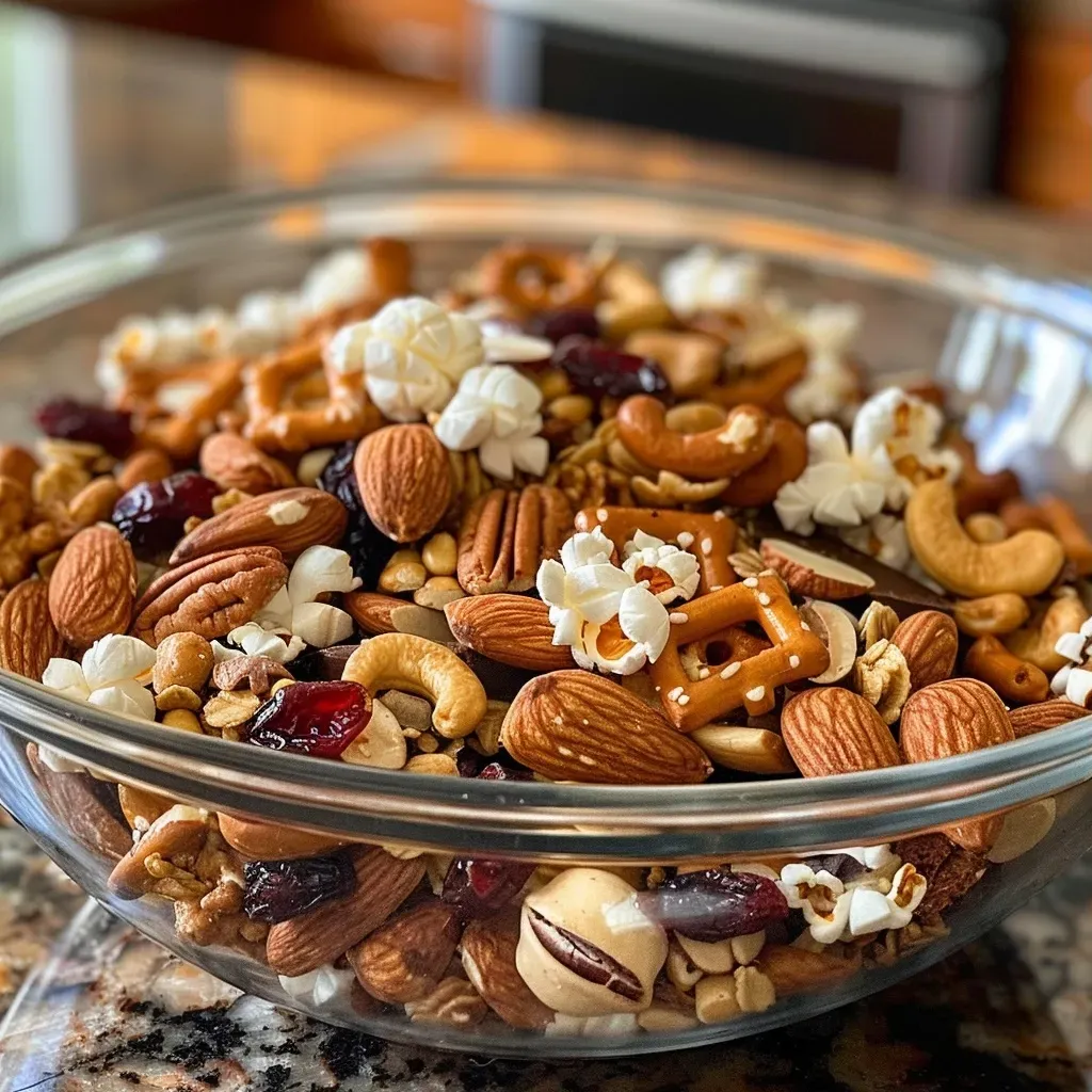 ['A close-up view of a colorful bowl filled with sweet and salty trail mix.', 'Side view of a delicious sweet and salty trail mix featuring nuts, chocolate, and pretzels.', 'A vibrant assortment of trail mix ingredients arranged in a bowl, showcasing nuts and dried fruit.', 'Close-up image of sweet and salty trail mix with pecans, cranberries, and dark chocolate.']