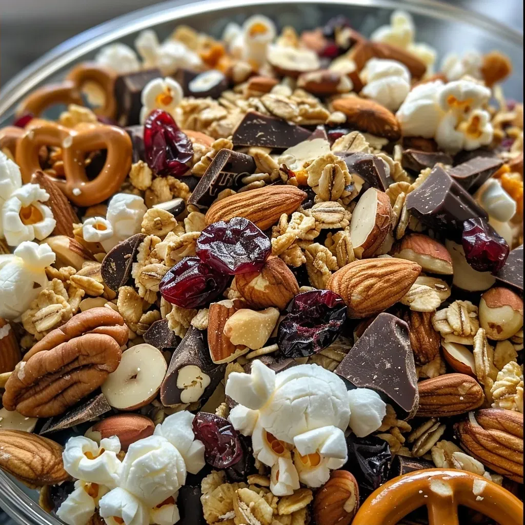['A close-up view of a colorful bowl filled with sweet and salty trail mix.', 'Side view of a delicious sweet and salty trail mix featuring nuts, chocolate, and pretzels.', 'A vibrant assortment of trail mix ingredients arranged in a bowl, showcasing nuts and dried fruit.', 'Close-up image of sweet and salty trail mix with pecans, cranberries, and dark chocolate.']