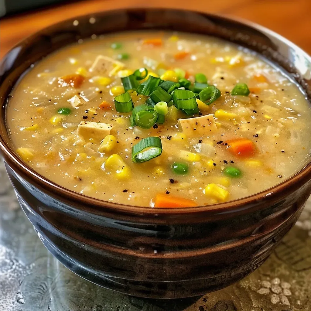 ['Creamy Sweet Corn Soup in a bowl garnished with herbs and vegetables.', 'Close-up view of Sweet Corn Soup with vibrant corn kernels and fresh herbs.', 'Rich and textured Sweet Corn Soup served in a rustic bowl.', 'Bowl of Sweet Corn Soup showcasing colorful ingredients and a drizzle of oil.']