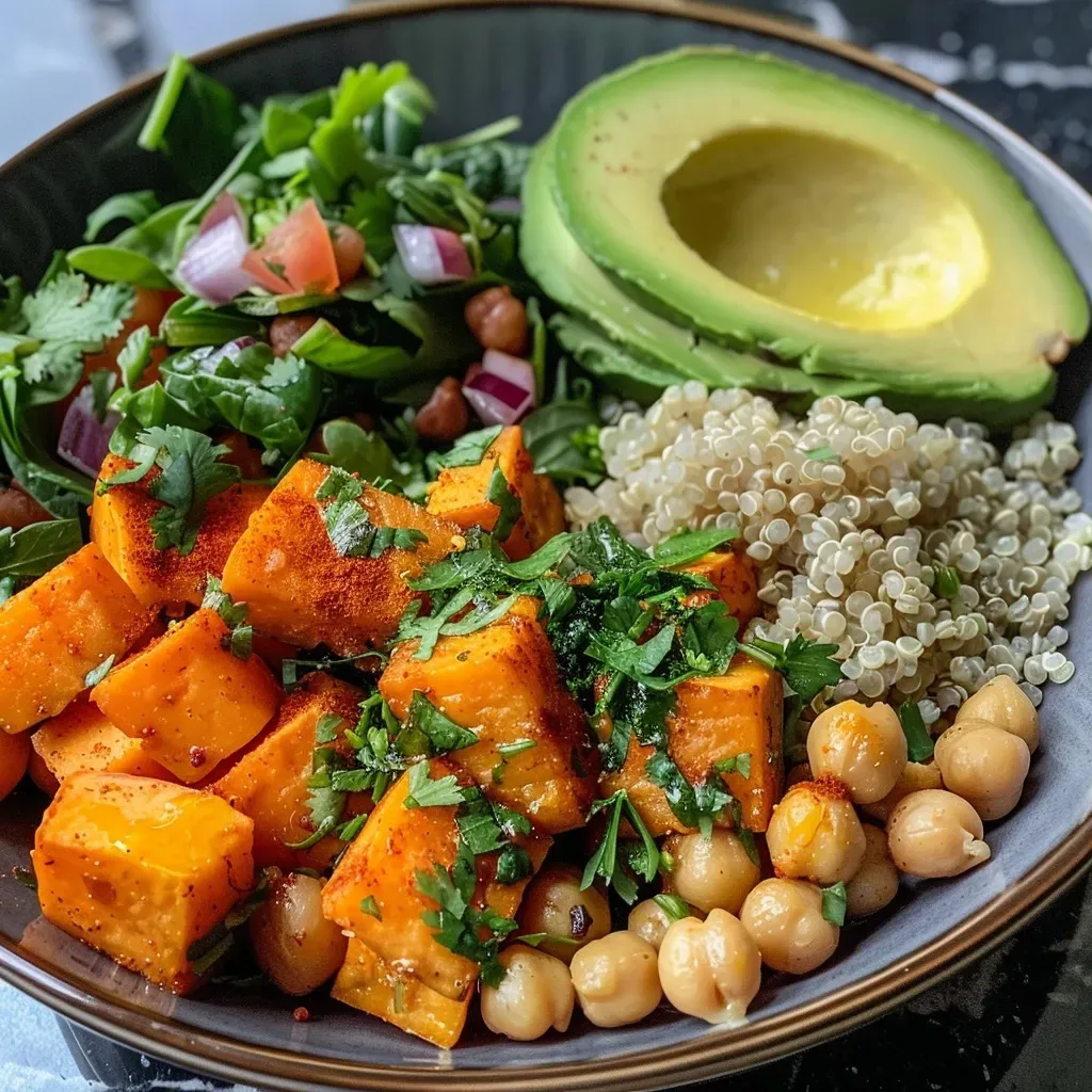 ['Close-up view of a vibrant Sweet Potato Quinoa Bowl topped with chickpeas and spinach.', 'A colorful bowl of Sweet Potato Quinoa with fresh ingredients like avocado and cilantro.', 'Side view of a healthy Sweet Potato Quinoa Bowl garnished with hemp hearts and almond sauce.', 'An appetizing Sweet Potato Quinoa Bowl featuring chunks of roasted sweet potato and chickpeas.']