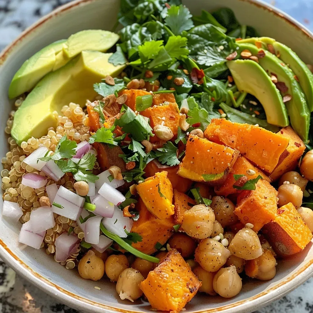 ['Close-up view of a vibrant Sweet Potato Quinoa Bowl topped with chickpeas and spinach.', 'A colorful bowl of Sweet Potato Quinoa with fresh ingredients like avocado and cilantro.', 'Side view of a healthy Sweet Potato Quinoa Bowl garnished with hemp hearts and almond sauce.', 'An appetizing Sweet Potato Quinoa Bowl featuring chunks of roasted sweet potato and chickpeas.']