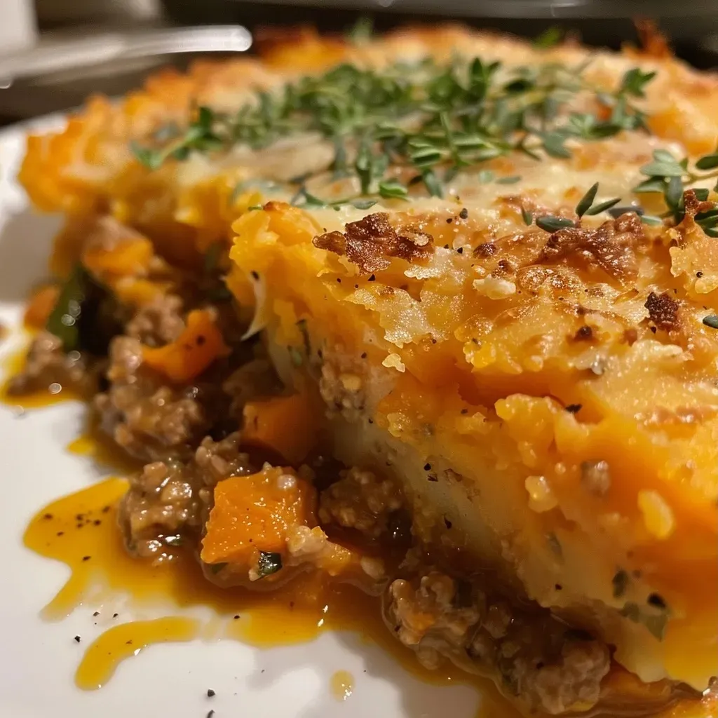 ["Close-up view of a hearty Sweet Potato Shepherd's Pie with golden crust and colorful filling.", "Side view of a delicious Sweet Potato Shepherd's Pie showcasing layers of sweet potato topping and ground turkey filling.", "Succulent Sweet Potato Shepherd's Pie with a creamy top and visible ingredients like vegetables and meat.", "Appetizing close-up of Sweet Potato Shepherd's Pie highlighting its vibrant sweet potato and savory meat layers."]