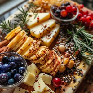 ['Close-up of a Sweet & Savory Butter Board featuring butter, berries, and garnishes.', 'Side view of a butter board with honey, sea salt, and colorful toppings.', 'Detailed view of a butter board adorned with herbs, berries, and spices.', 'A butter board showcasing a mix of sweet and savory ingredients on a wooden platter.']