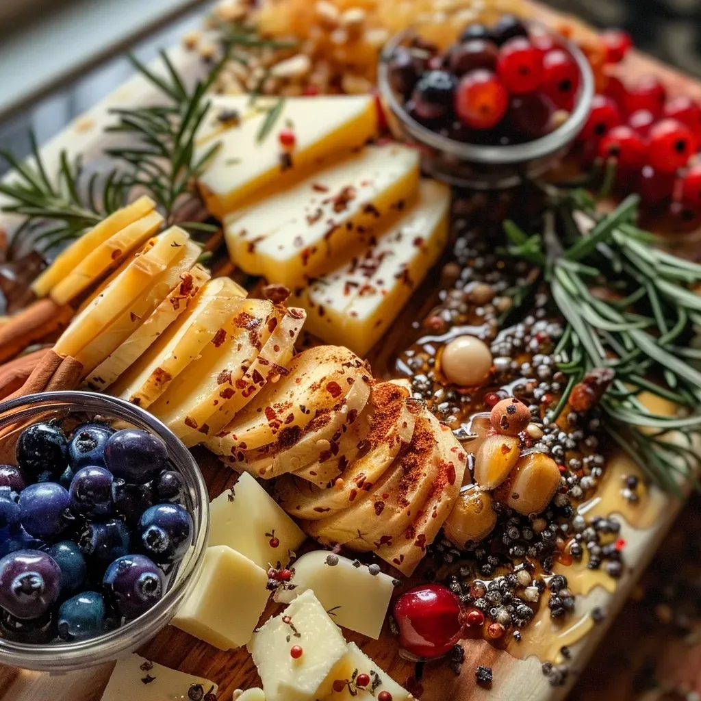 ['Close-up of a Sweet & Savory Butter Board featuring butter, berries, and garnishes.', 'Side view of a butter board with honey, sea salt, and colorful toppings.', 'Detailed view of a butter board adorned with herbs, berries, and spices.', 'A butter board showcasing a mix of sweet and savory ingredients on a wooden platter.']