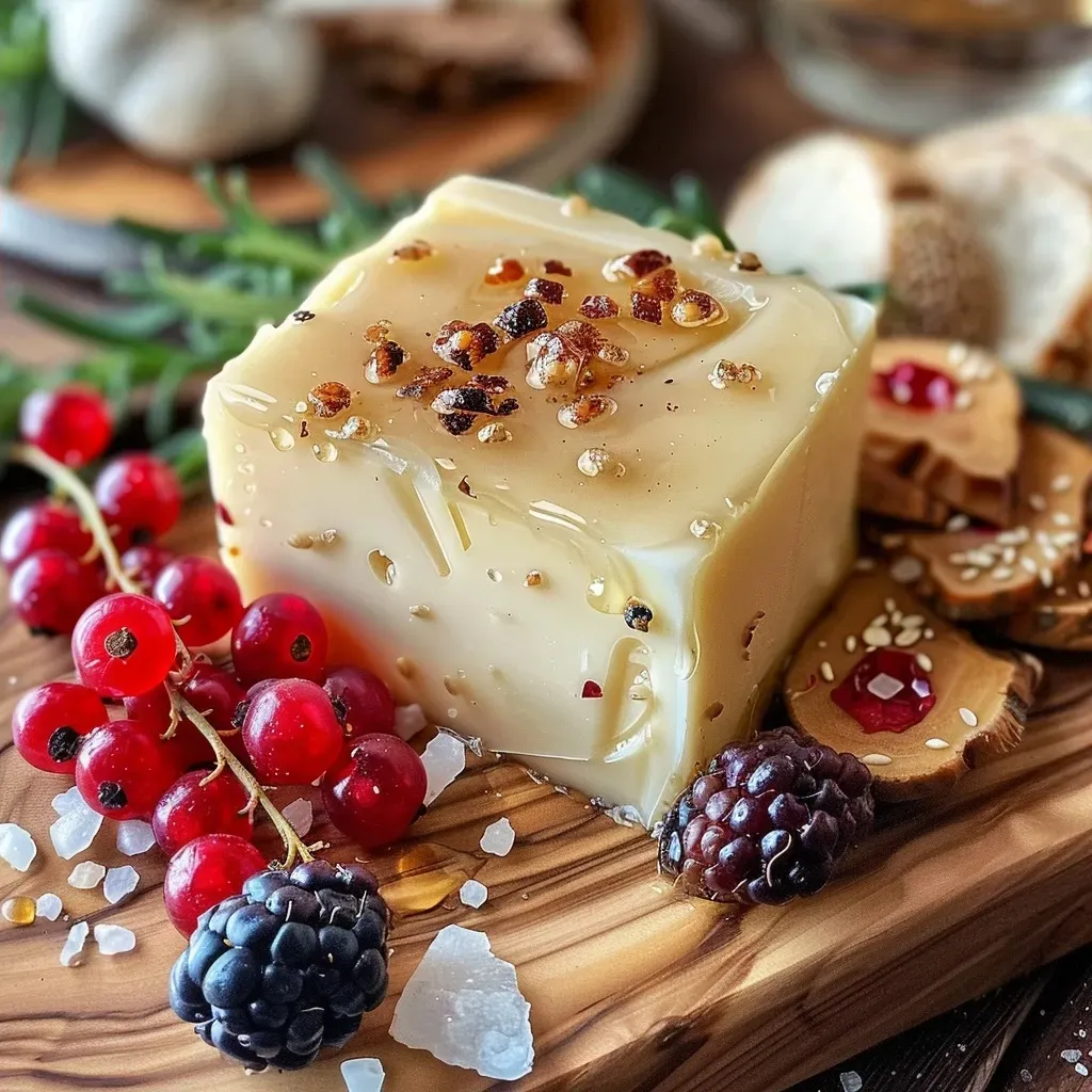 ['Close-up of a Sweet & Savory Butter Board featuring butter, berries, and garnishes.', 'Side view of a butter board with honey, sea salt, and colorful toppings.', 'Detailed view of a butter board adorned with herbs, berries, and spices.', 'A butter board showcasing a mix of sweet and savory ingredients on a wooden platter.']