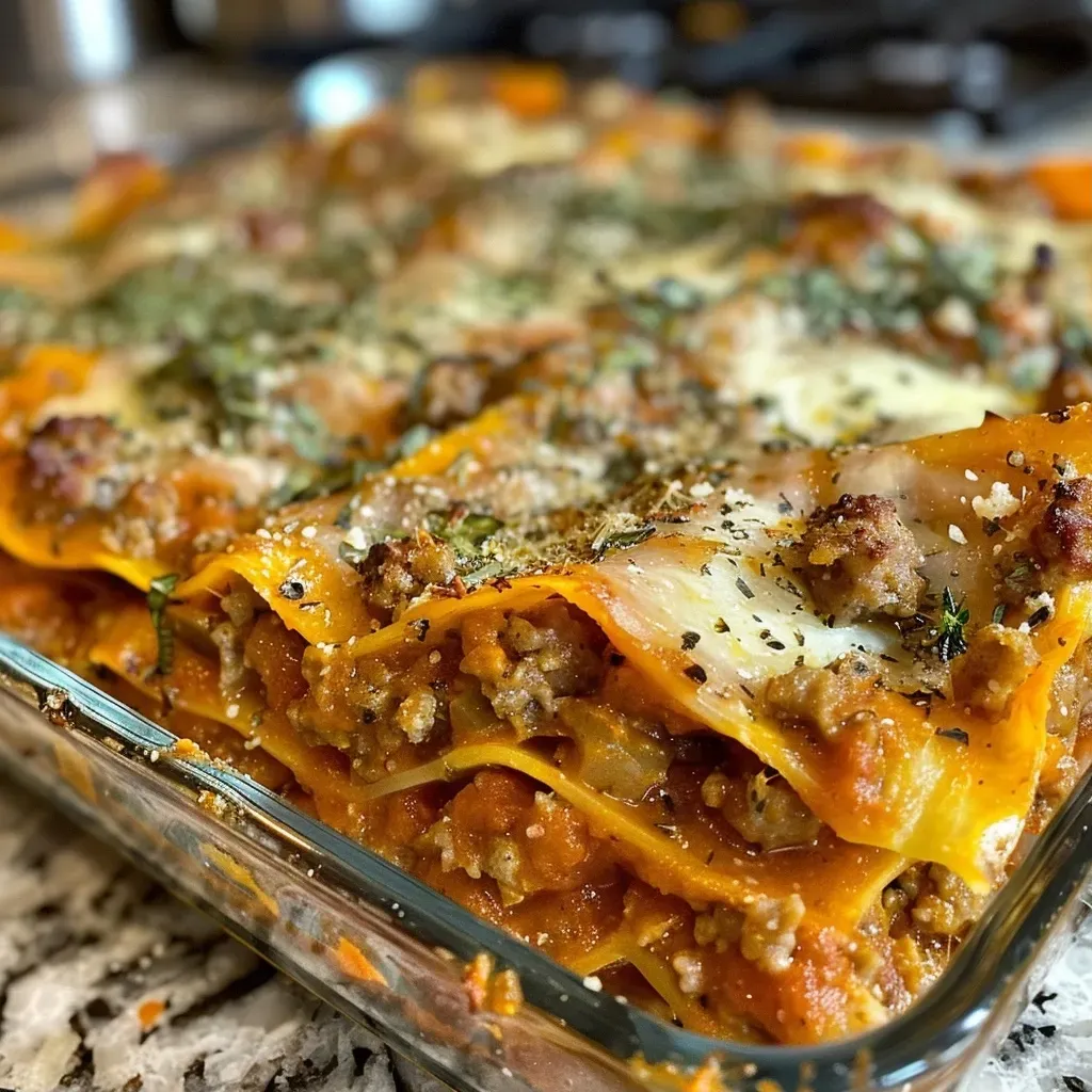 ['Close-up view of a layered Sweetpotato Lasagna topped with melted cheese and herbs.', 'Side perspective of a creamy Sweetpotato Lasagna with visible orange and yellow layers.', 'Detailed shot of Sweetpotato Lasagna showing layers of sweet potatoes, sausages, and cheese.', 'Mouthwatering Sweetpotato Lasagna displayed with gooey cheese and fresh herbs.']