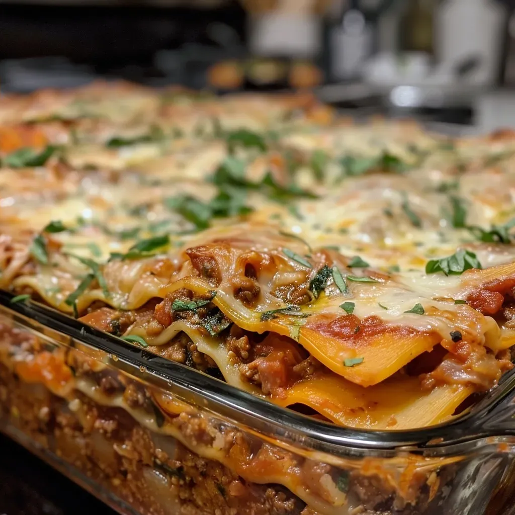 ['Close-up view of a layered Sweetpotato Lasagna topped with melted cheese and herbs.', 'Side perspective of a creamy Sweetpotato Lasagna with visible orange and yellow layers.', 'Detailed shot of Sweetpotato Lasagna showing layers of sweet potatoes, sausages, and cheese.', 'Mouthwatering Sweetpotato Lasagna displayed with gooey cheese and fresh herbs.']