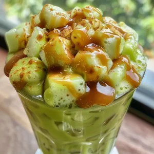 ['Close-up view of a vibrant green caramel apple freeze drink in a clear cup.', 'Side angle of a colorful frozen beverage with caramel drizzle and ice.', 'Refreshing green apple freeze topped with caramel sauce and surrounded by ice.', 'Detailed image of a homemade caramel apple freeze with visible ice and ingredients.']