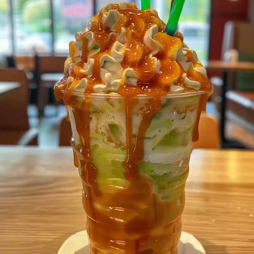 ['Close-up view of a vibrant green caramel apple freeze drink in a clear cup.', 'Side angle of a colorful frozen beverage with caramel drizzle and ice.', 'Refreshing green apple freeze topped with caramel sauce and surrounded by ice.', 'Detailed image of a homemade caramel apple freeze with visible ice and ingredients.']