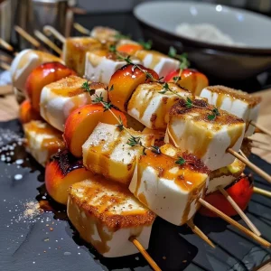 ['Close-up of toffee apple and marshmallow kebabs on skewers.', 'Juicy toffee apple slices and fluffy marshmallows on kebabs.', 'A side view of colorful kebabs made with toffee apples and marshmallows.', 'Deliciously arranged toffee apple and marshmallow kebabs.']