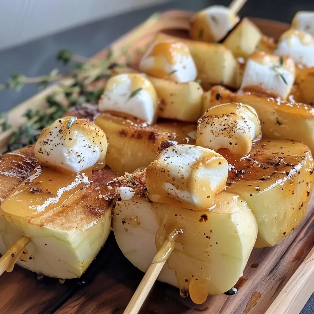 ['Close-up of toffee apple and marshmallow kebabs on skewers.', 'Juicy toffee apple slices and fluffy marshmallows on kebabs.', 'A side view of colorful kebabs made with toffee apples and marshmallows.', 'Deliciously arranged toffee apple and marshmallow kebabs.']