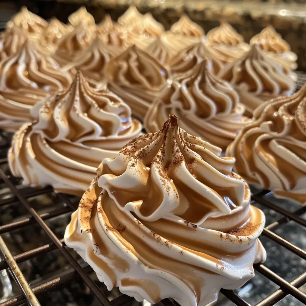 ['Close-up view of Toffee Meringue Cookies with Toffifee pieces on top.', 'Side angle photo showcasing delicious Toffee Meringue Cookies garnished with toffee candies.', 'Detailed image of meringue cookies featuring Toffifee, presented on a neutral background.', 'A delicious array of Toffee Meringue Cookies, highlighting their chewy and crispy textures.']