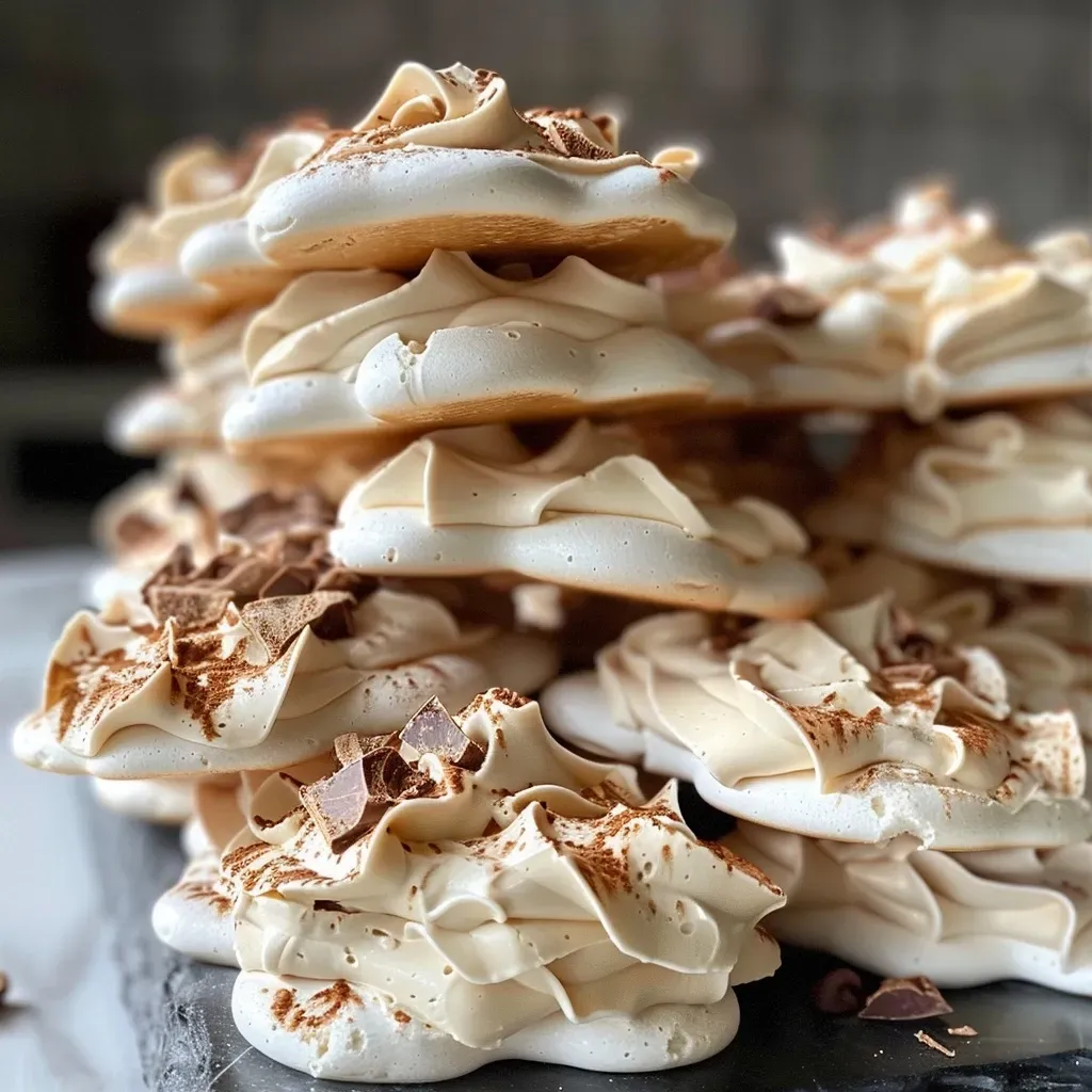 ['Close-up view of Toffee Meringue Cookies with Toffifee pieces on top.', 'Side angle photo showcasing delicious Toffee Meringue Cookies garnished with toffee candies.', 'Detailed image of meringue cookies featuring Toffifee, presented on a neutral background.', 'A delicious array of Toffee Meringue Cookies, highlighting their chewy and crispy textures.']
