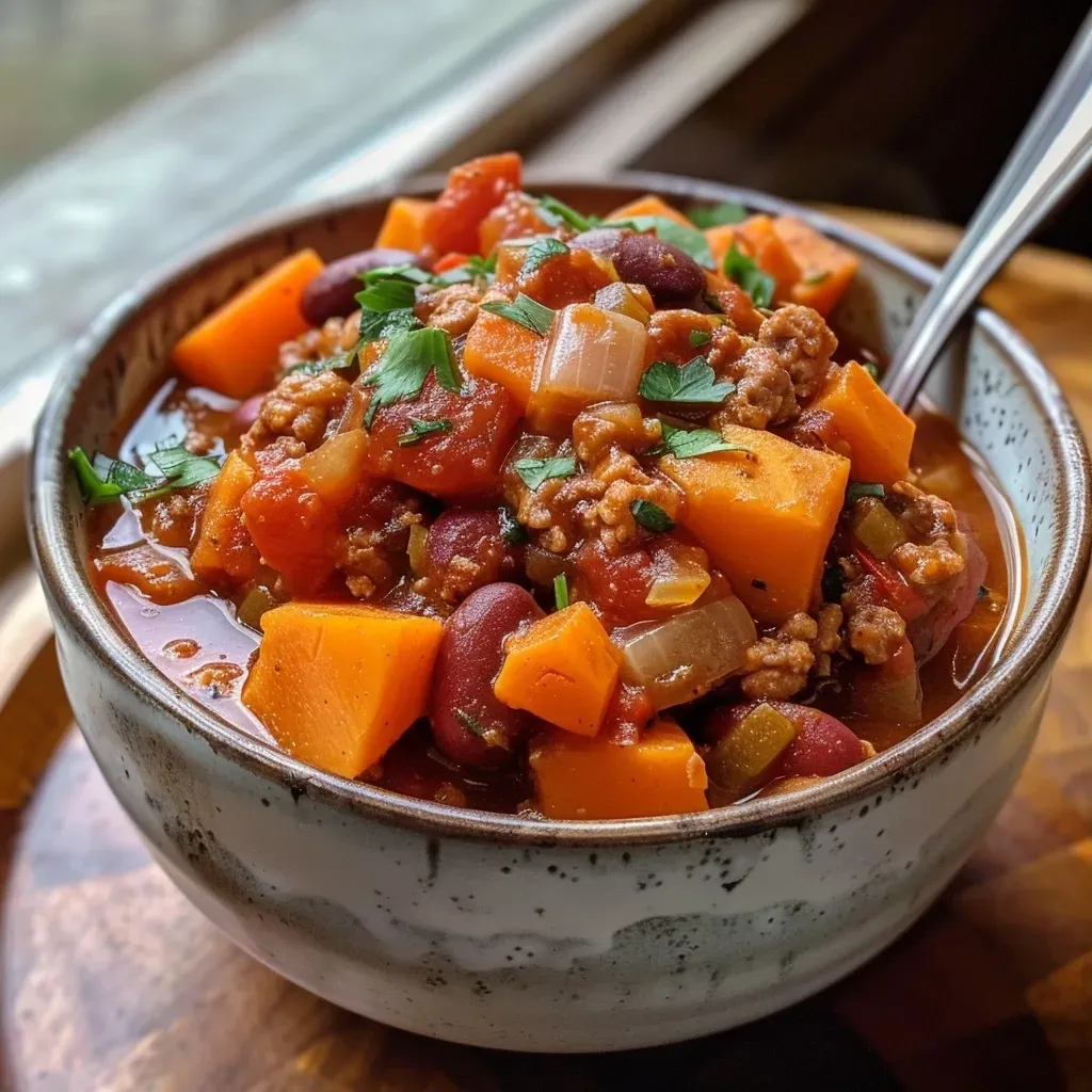 ['Close-up view of a bowl of Turkey Apple Chili with vibrant ingredients visible.', 'Side photo of a hearty Turkey Apple Chili featuring chunks of turkey and apples.', 'Juicy Turkey Apple Chili captured in detail, showcasing colorful vegetables and spices.', 'Appetizing bowl of Turkey Apple Chili with ground turkey and fresh vegetables.']