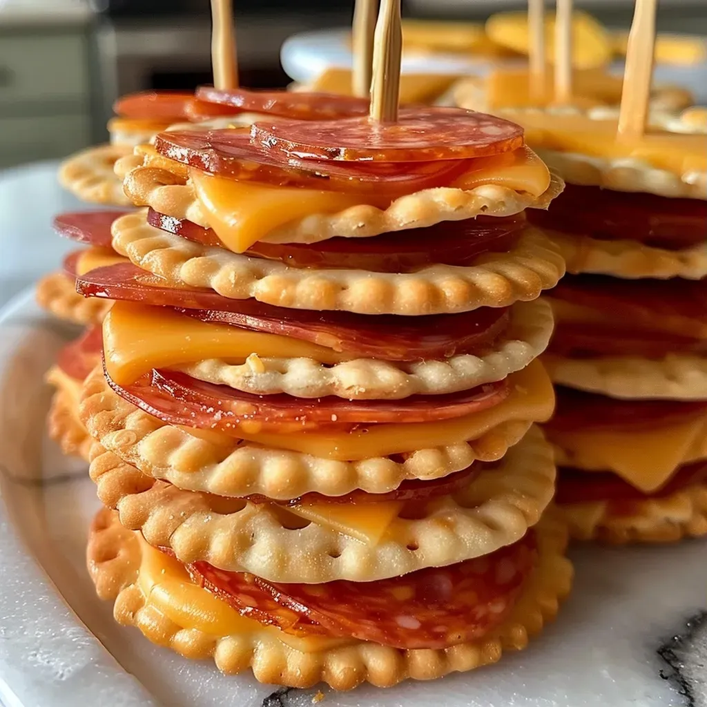 ['Close-up side view of stacked Turkey Cheese and Cracker Stackers with colorful ingredients.', 'Juicy turkey and cheese layered between round crackers, held together by toothpicks.', 'Side view of a delicious arrangement of Turkey Cheese Stackers with pepperoni slices.', 'Appetizing display of Turkey Cheese and Cracker Stackers, showcasing the textures of each layer.']