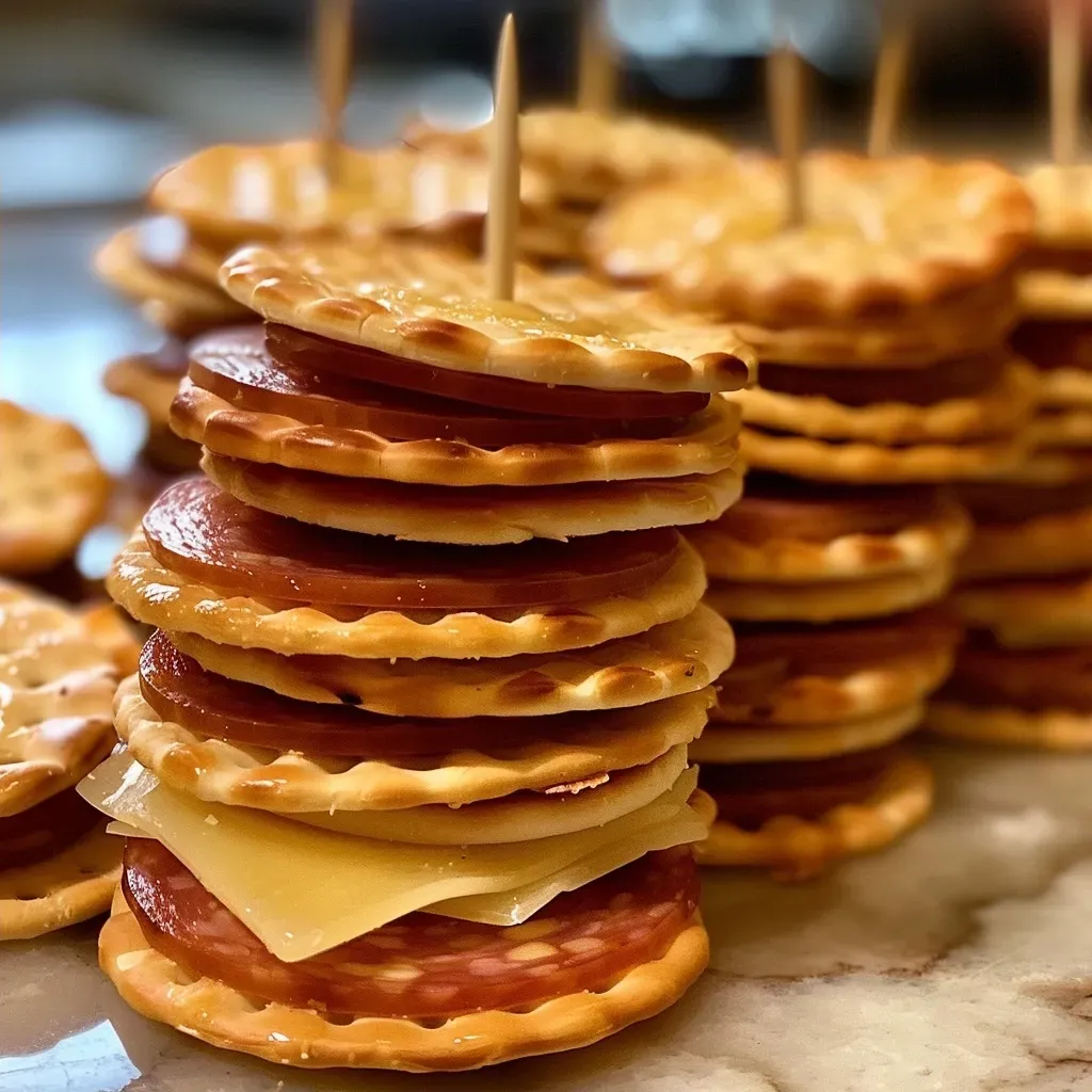 ['Close-up side view of stacked Turkey Cheese and Cracker Stackers with colorful ingredients.', 'Juicy turkey and cheese layered between round crackers, held together by toothpicks.', 'Side view of a delicious arrangement of Turkey Cheese Stackers with pepperoni slices.', 'Appetizing display of Turkey Cheese and Cracker Stackers, showcasing the textures of each layer.']