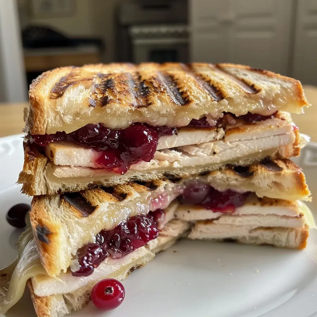 ['Side view of a Turkey, Cranberry and Brie Panini on sourdough bread.', 'Close-up of a juicy Turkey, Cranberry and Brie Panini with melted cheese.', 'Tasty Turkey, Cranberry and Brie Panini showing layers of turkey and cranberries.', 'Sliced Turkey, Cranberry and Brie Panini with vibrant cranberry sauce visible.']