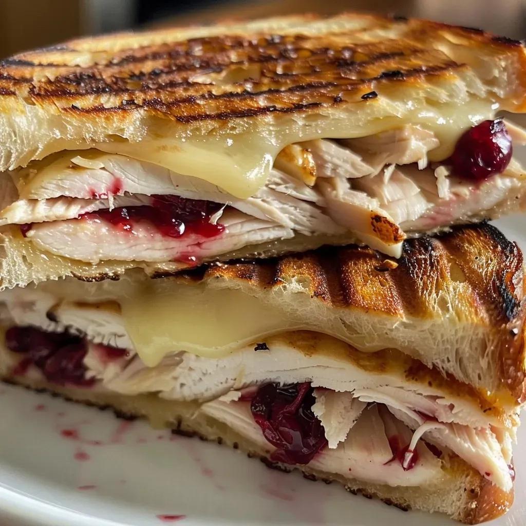 ['Side view of a Turkey, Cranberry and Brie Panini on sourdough bread.', 'Close-up of a juicy Turkey, Cranberry and Brie Panini with melted cheese.', 'Tasty Turkey, Cranberry and Brie Panini showing layers of turkey and cranberries.', 'Sliced Turkey, Cranberry and Brie Panini with vibrant cranberry sauce visible.']