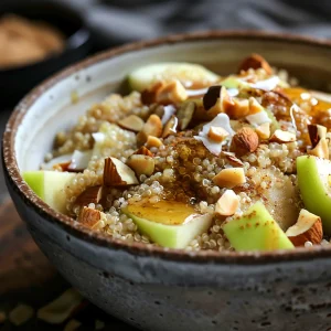 ['Close-up of a Chai Spiced Quinoa Breakfast Bowl with diced apples and spices.', 'Side view of a vegan breakfast bowl featuring quinoa, apples, and chai spices.', 'A colorful quinoa bowl topped with cooked apples and sprinkled spices in natural light.', 'Detailed image of a wholesome breakfast bowl filled with quinoa, apple pieces, and chai spice.']