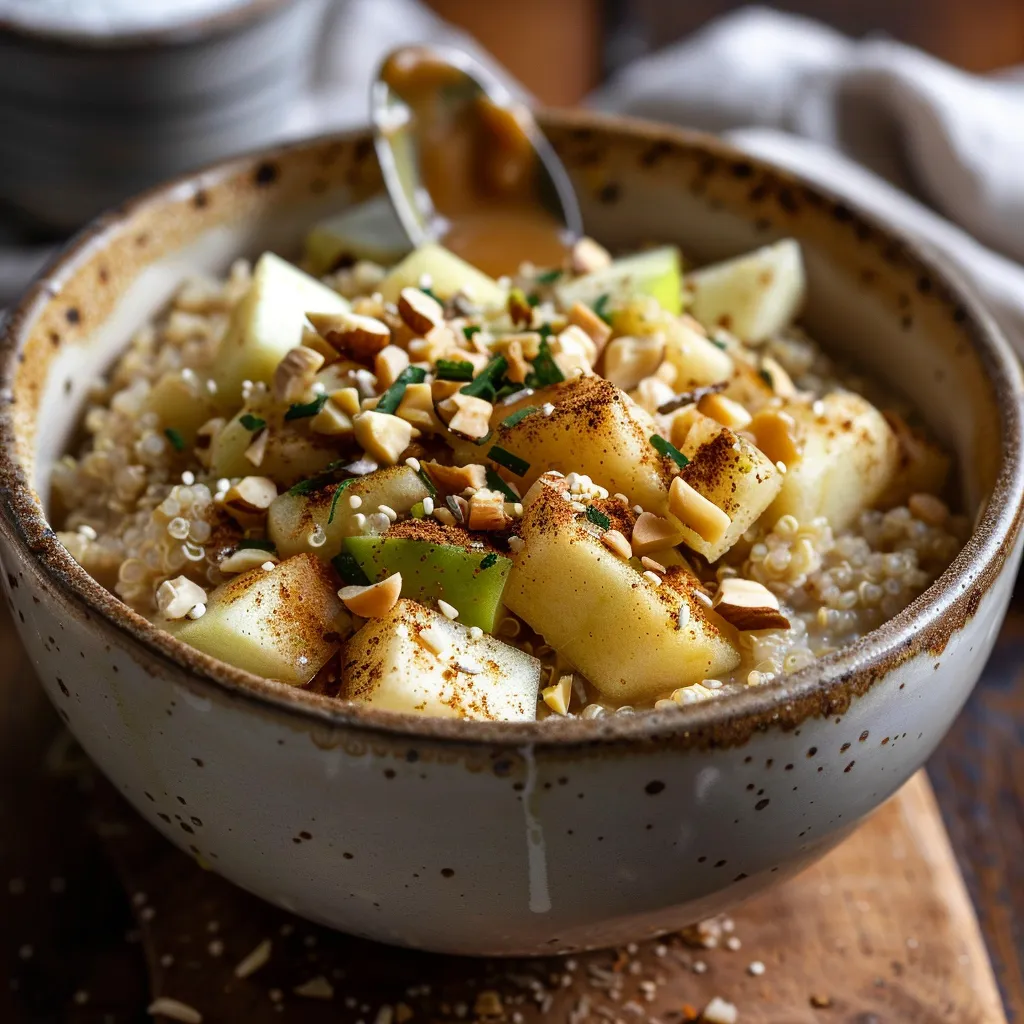 ['Close-up of a Chai Spiced Quinoa Breakfast Bowl with diced apples and spices.', 'Side view of a vegan breakfast bowl featuring quinoa, apples, and chai spices.', 'A colorful quinoa bowl topped with cooked apples and sprinkled spices in natural light.', 'Detailed image of a wholesome breakfast bowl filled with quinoa, apple pieces, and chai spice.']