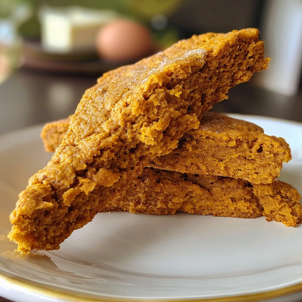 ['Close-up side view of golden-brown pumpkin scones with a textured surface.', 'Deliciously moist pumpkin scones featuring a glossy top and scattered sugar.', 'High protein pumpkin scones with cottage cheese, showing a fluffy interior.', 'Appetizing pumpkin scones arranged on a plate, dusted with powdered sugar.']