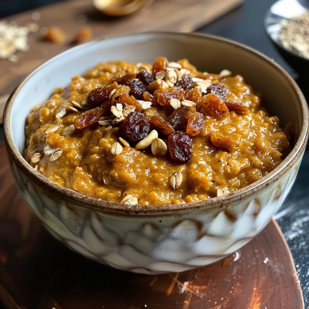 ['Close-up view of a bowl of creamy dairy-free pumpkin oatmeal topped with raisins.', 'Side view of a comforting bowl of orange pumpkin oatmeal with oats and spices visible.', 'A rich and inviting serving of pumpkin oatmeal garnished with dried cranberries and cinnamon.', 'Delicious dairy-free pumpkin oatmeal in a bowl, showcasing its smooth texture and spices.']