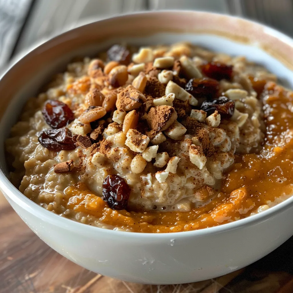 ['Close-up view of a bowl of creamy dairy-free pumpkin oatmeal topped with raisins.', 'Side view of a comforting bowl of orange pumpkin oatmeal with oats and spices visible.', 'A rich and inviting serving of pumpkin oatmeal garnished with dried cranberries and cinnamon.', 'Delicious dairy-free pumpkin oatmeal in a bowl, showcasing its smooth texture and spices.']