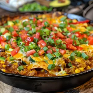 ['Close-up view of beef skillet enchiladas with melted cheese and colorful vegetables.', 'Delicious beef enchiladas arranged in a skillet, garnished with green onions and cilantro.', 'Juicy beef skillet enchiladas topped with sour cream, diced tomatoes, and avocado slices.', 'Side view of a serving of beef enchiladas in a skillet, showcasing layers of ingredients.']