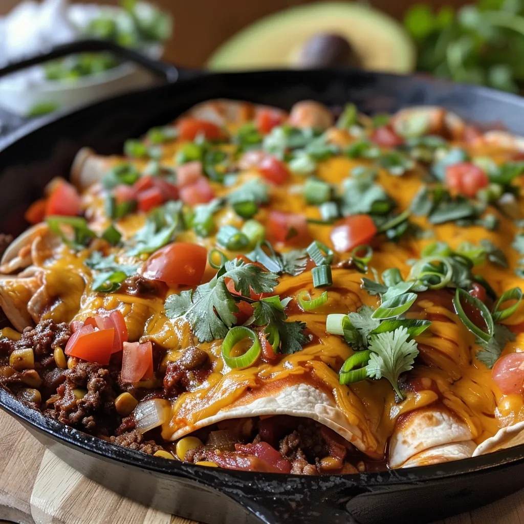 ['Close-up view of beef skillet enchiladas with melted cheese and colorful vegetables.', 'Delicious beef enchiladas arranged in a skillet, garnished with green onions and cilantro.', 'Juicy beef skillet enchiladas topped with sour cream, diced tomatoes, and avocado slices.', 'Side view of a serving of beef enchiladas in a skillet, showcasing layers of ingredients.']