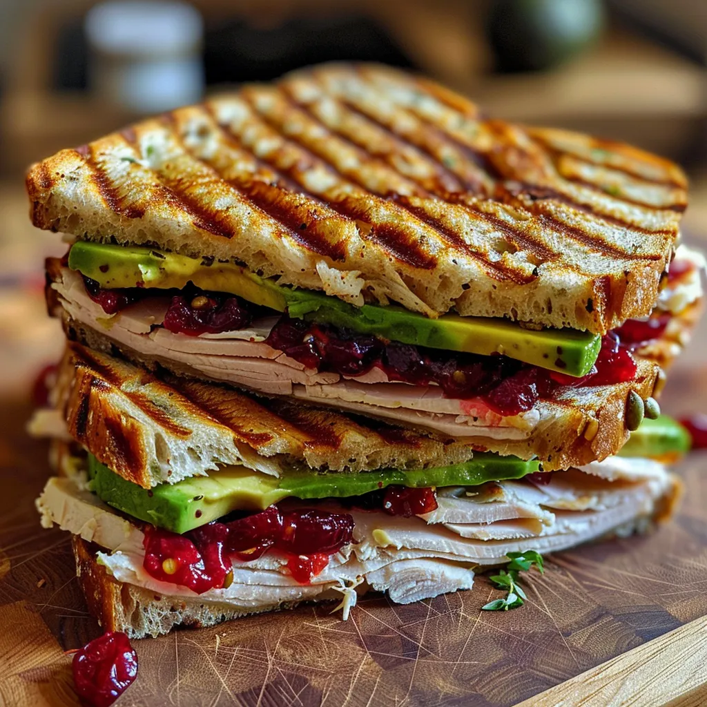 ['Close-up view of a turkey cranberry avocado panini, showcasing layers of ingredients.', 'Side angle of a grilled turkey cranberry avocado sandwich on rustic bread.', 'Juicy turkey cranberry avocado panini, highlighting its rich fillings and toasted crust.', 'Detailed shot of a panini featuring turkey, cranberry relish, and avocado slices.']