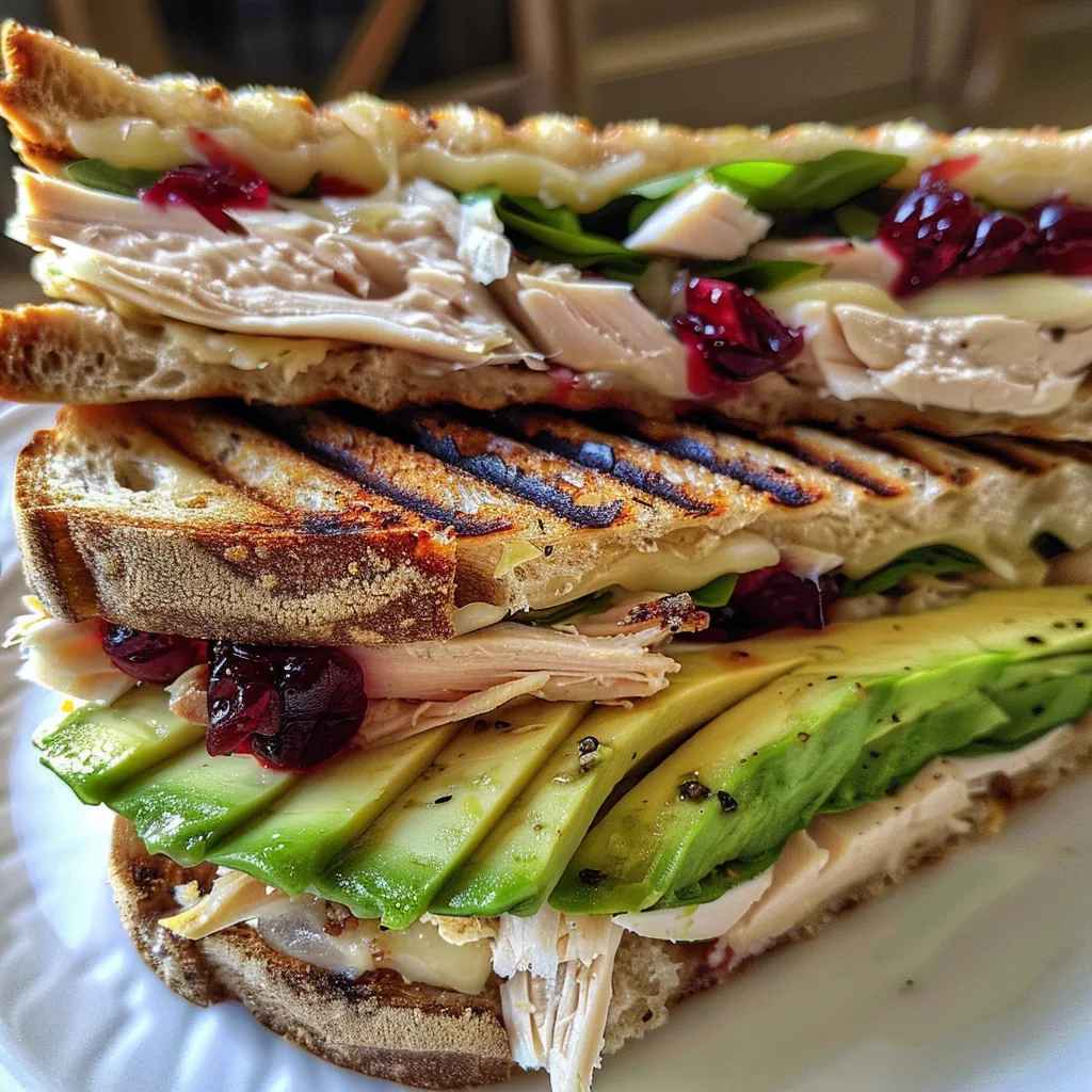 ['Close-up view of a turkey cranberry avocado panini, showcasing layers of ingredients.', 'Side angle of a grilled turkey cranberry avocado sandwich on rustic bread.', 'Juicy turkey cranberry avocado panini, highlighting its rich fillings and toasted crust.', 'Detailed shot of a panini featuring turkey, cranberry relish, and avocado slices.']