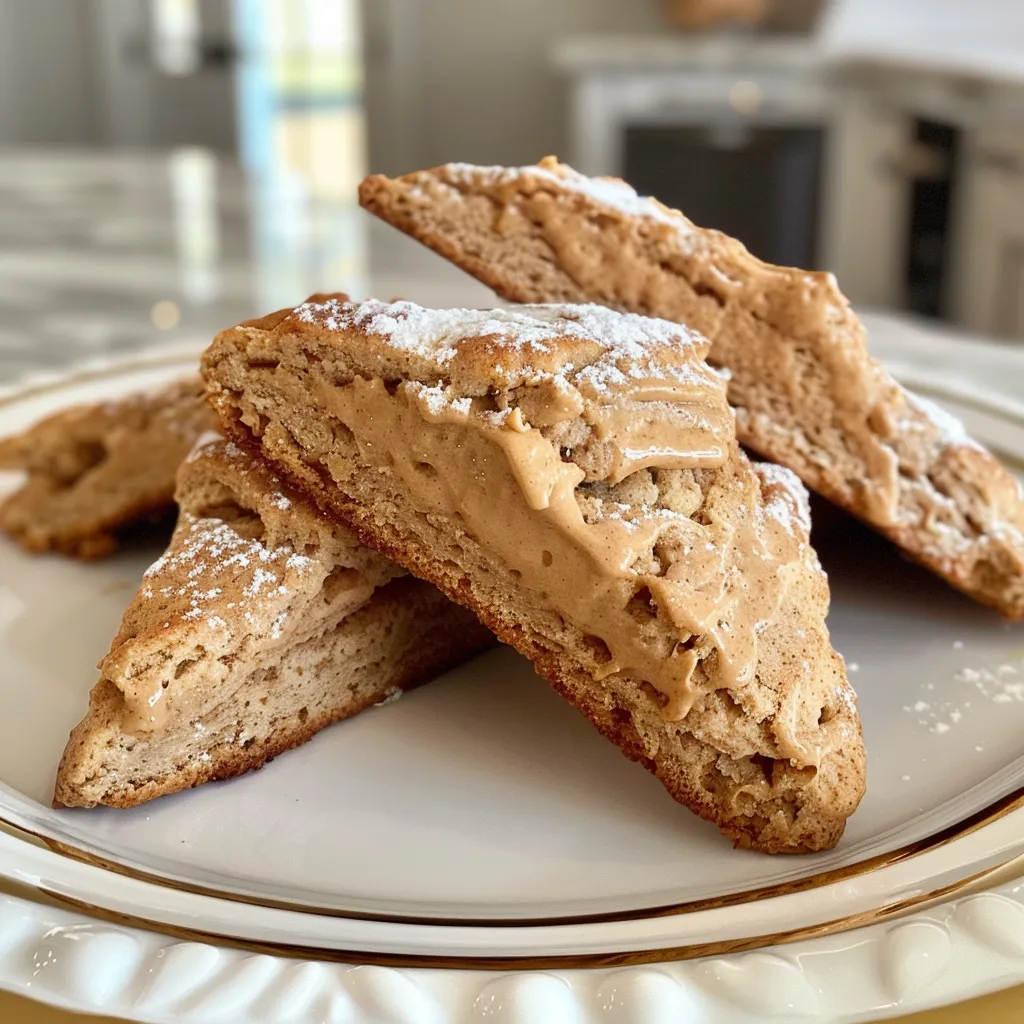 ['Close-up view of glistening peanut butter scones topped with powdered sugar.', 'Side angle of freshly baked peanut butter scones, showcasing their golden-brown crust.', 'A tempting arrangement of peanut butter scones with a fluffy texture, dusted with powdered sugar.', 'Delicious peanut butter scones displayed on a rustic plate, highlighting their delicate layers.']