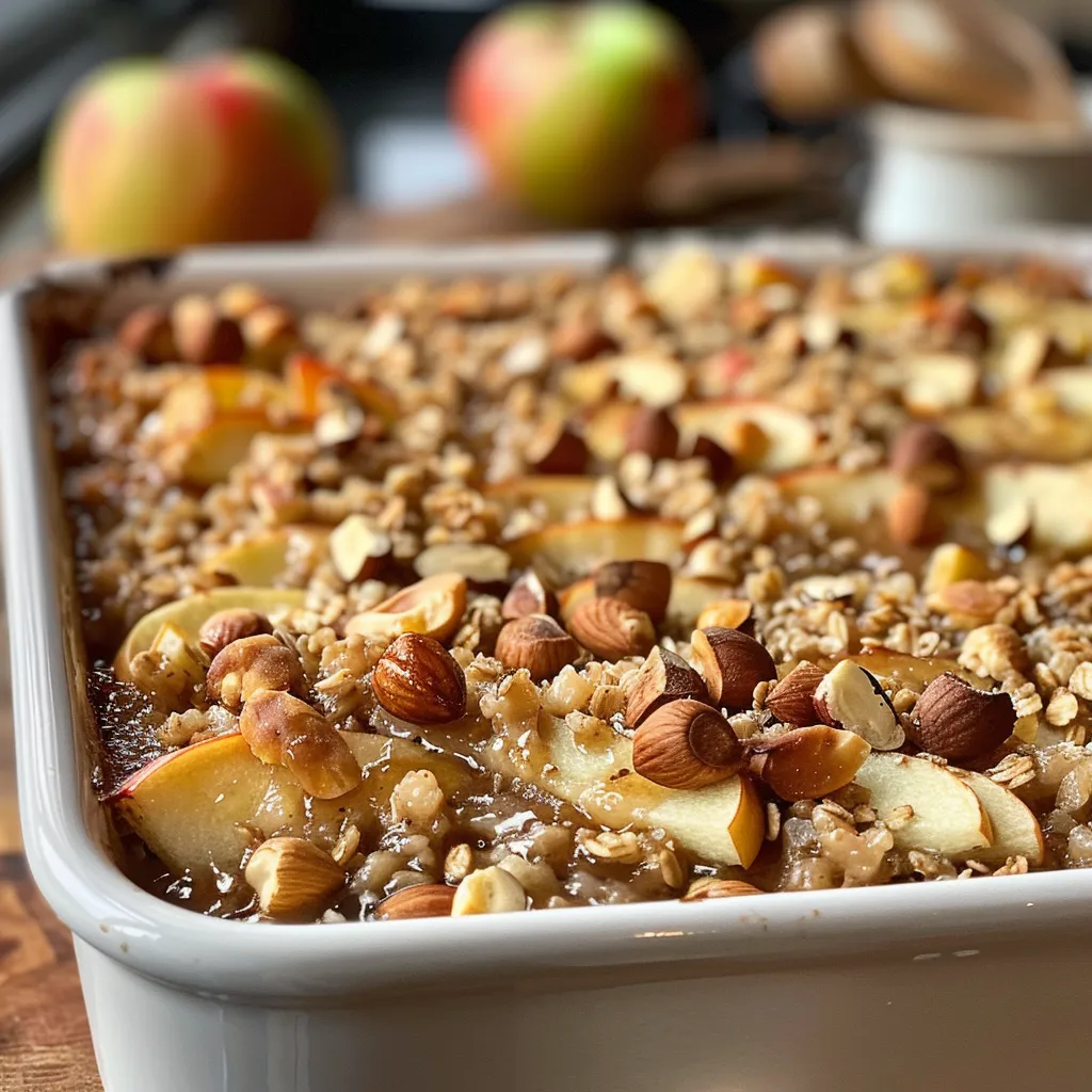 ['Close-up view of baked oatmeal with apple slices and hazelnuts.', 'Side view of freshly baked oatmeal featuring juicy apples and crunchy hazelnuts.', 'Delicious baked oatmeal topped with thin apple slices and hazelnuts.', 'A slice of apple and hazelnut baked oatmeal, showcasing its texture and ingredients.']