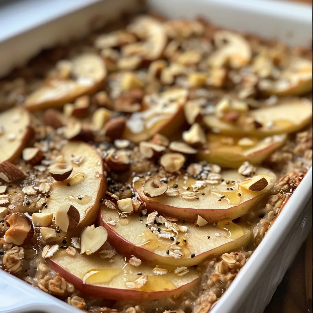 ['Close-up view of baked oatmeal with apple slices and hazelnuts.', 'Side view of freshly baked oatmeal featuring juicy apples and crunchy hazelnuts.', 'Delicious baked oatmeal topped with thin apple slices and hazelnuts.', 'A slice of apple and hazelnut baked oatmeal, showcasing its texture and ingredients.']