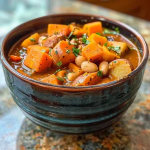 ['Close-up view of a hearty vegan sweet potato stew with vibrant vegetables and herbs.', 'A delicious bowl of colorful vegan sweet potato stew featuring sweet potatoes, beans, and greens.', 'Side angle of a steaming, chunky sweet potato stew filled with vegetables and spices.', 'Close-up image of a hearty sweet potato stew showing chunks of potatoes and beans in a thick broth.']