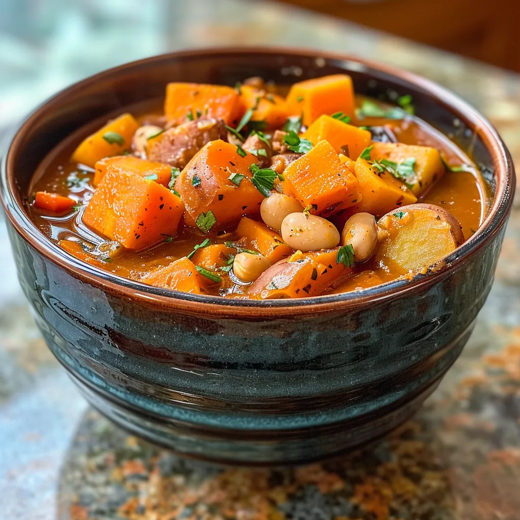 ['Close-up view of a hearty vegan sweet potato stew with vibrant vegetables and herbs.', 'A delicious bowl of colorful vegan sweet potato stew featuring sweet potatoes, beans, and greens.', 'Side angle of a steaming, chunky sweet potato stew filled with vegetables and spices.', 'Close-up image of a hearty sweet potato stew showing chunks of potatoes and beans in a thick broth.']