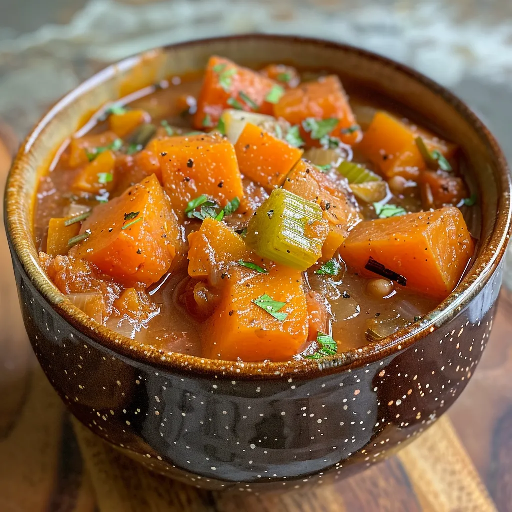 ['Close-up view of a hearty vegan sweet potato stew with vibrant vegetables and herbs.', 'A delicious bowl of colorful vegan sweet potato stew featuring sweet potatoes, beans, and greens.', 'Side angle of a steaming, chunky sweet potato stew filled with vegetables and spices.', 'Close-up image of a hearty sweet potato stew showing chunks of potatoes and beans in a thick broth.']