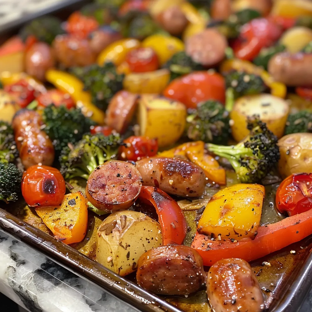 ['Close-up of sheet pan with sliced sausages and assorted colorful vegetables.', 'Vibrant arrangement of roasted sausages, potatoes, and bell peppers on a baking sheet.', 'Juicy sausages and fresh veggies, including broccoli and cherry tomatoes, on a sheet pan.', 'Overhead view of a sheet pan filled with cooked sausage and a medley of vegetables.']