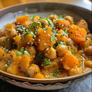 ['A close-up view of a bowl of pumpkin stew with chickpeas, showcasing vibrant orange and yellow colors.', 'A side view of a hearty pumpkin stew with chickpeas, featuring diced carrots and fresh herbs on top.', 'Close-up image of a delicious pumpkin stew with chickpeas, highlighting the texture of the ingredients.', 'A detailed shot of pumpkin stew with chickpeas in a rustic bowl, emphasizing the freshness of the vegetables.']