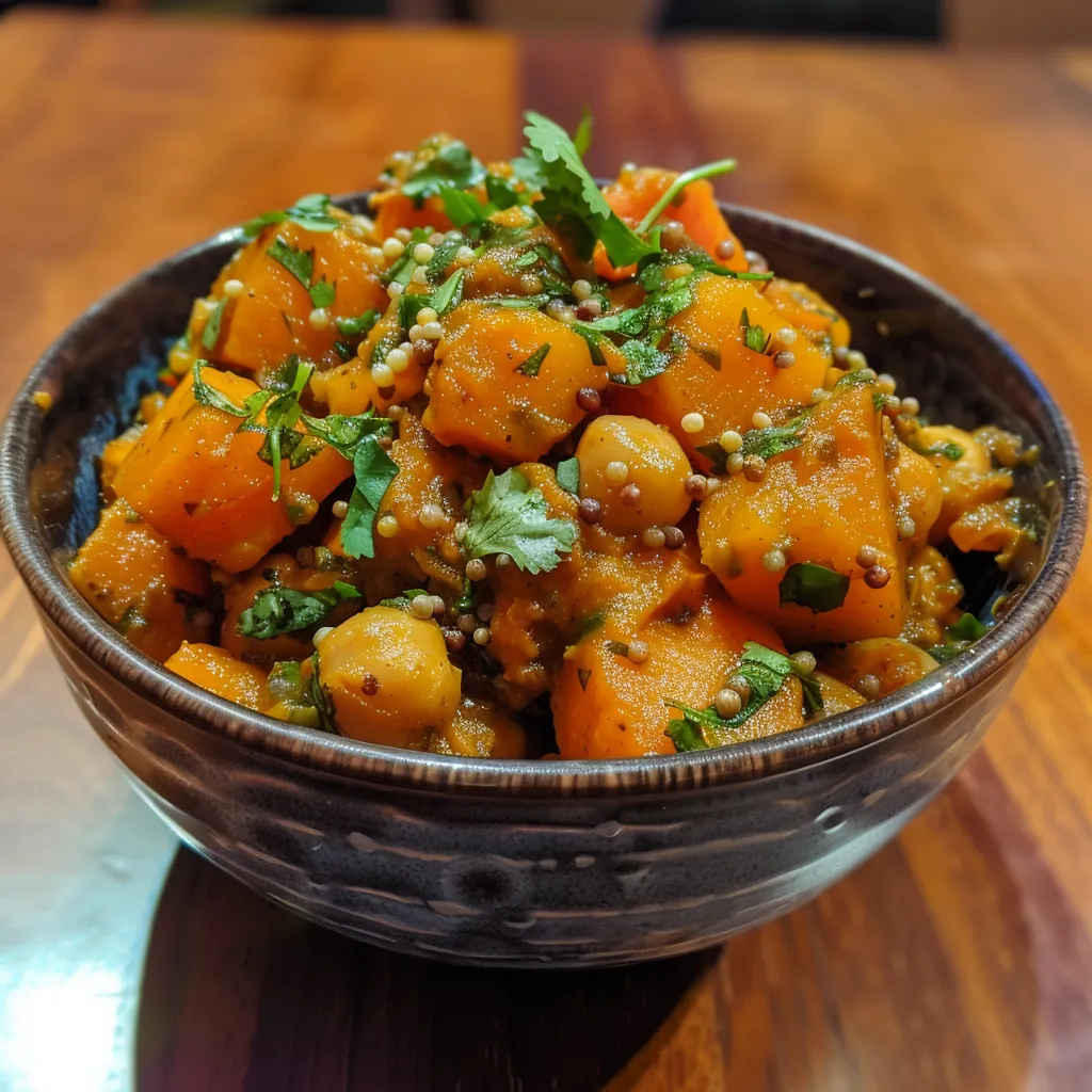 ['A close-up view of a bowl of pumpkin stew with chickpeas, showcasing vibrant orange and yellow colors.', 'A side view of a hearty pumpkin stew with chickpeas, featuring diced carrots and fresh herbs on top.', 'Close-up image of a delicious pumpkin stew with chickpeas, highlighting the texture of the ingredients.', 'A detailed shot of pumpkin stew with chickpeas in a rustic bowl, emphasizing the freshness of the vegetables.']