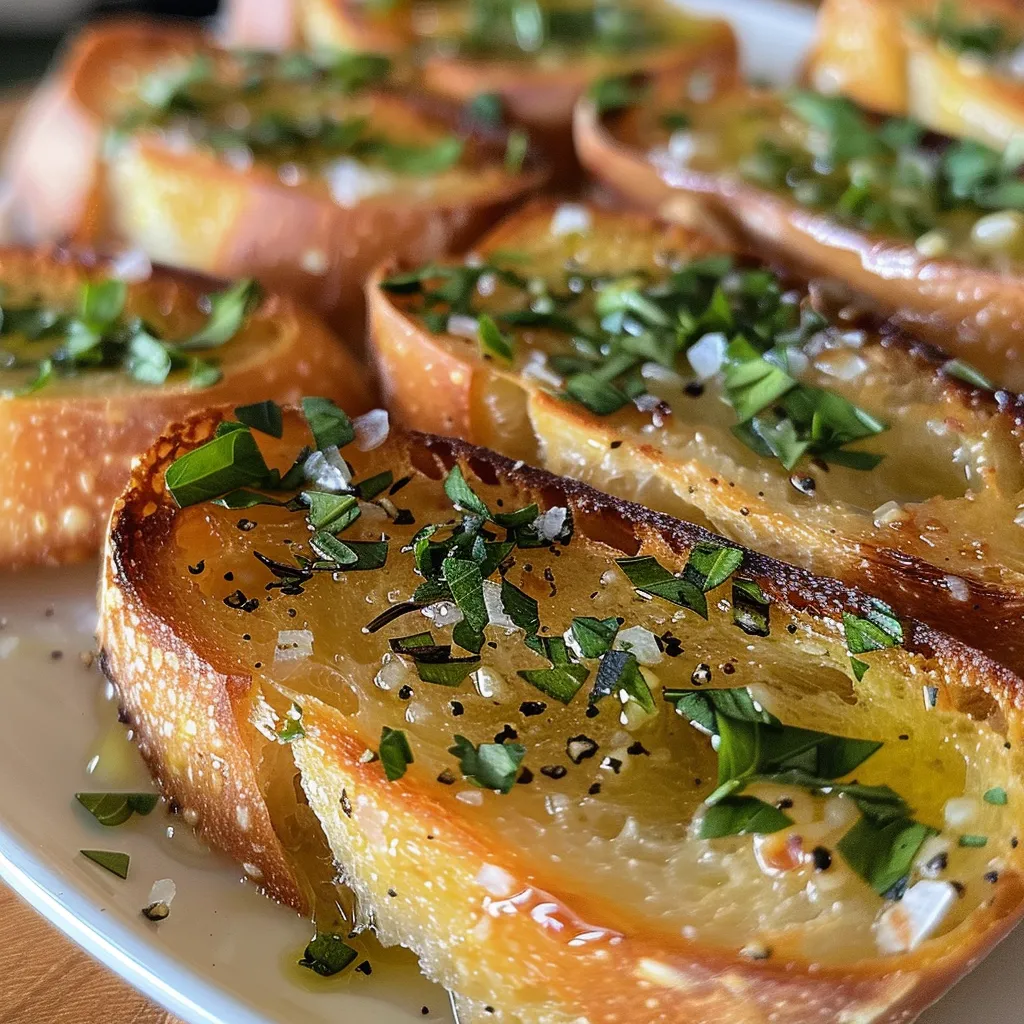 ['Close-up of golden-brown crostini topped with garlic and sea salt.', 'Side view of perfectly toasted baguette slices with a drizzle of olive oil.', 'Juicy crostini showcasing crispy edges and garnished with flaky sea salt.', 'Rustic baguette crostini ready to be served, highlighting the texture and color.']