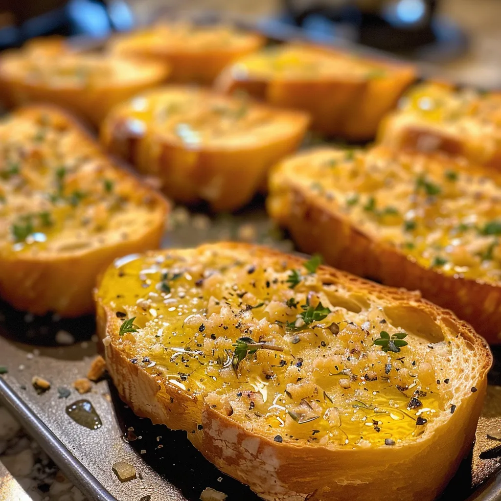 ['Close-up of golden-brown crostini topped with garlic and sea salt.', 'Side view of perfectly toasted baguette slices with a drizzle of olive oil.', 'Juicy crostini showcasing crispy edges and garnished with flaky sea salt.', 'Rustic baguette crostini ready to be served, highlighting the texture and color.']